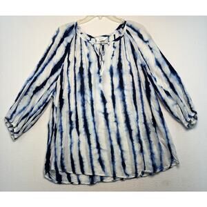 CJ Banks 1X Women Blouse Blue/White Tye Dye Striped V Neck Travel Beach Office
